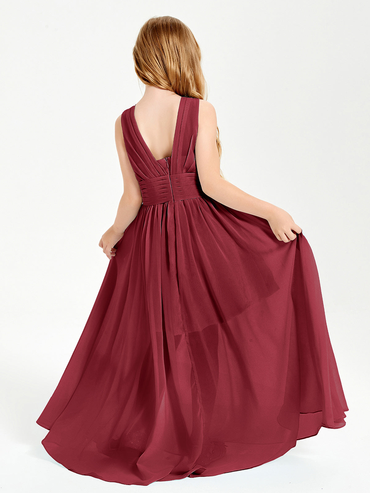 Long V-neck Junior Bridesmaid Dresses Burgundy